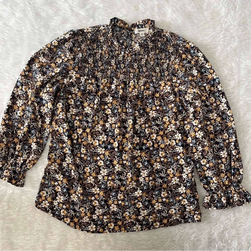 Meraki Top Silky Boho High Neck Floral Cottagecore Popover Shirt Blouse L